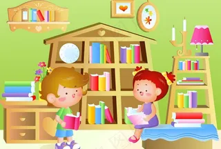 卡通小孩在家里看书图片