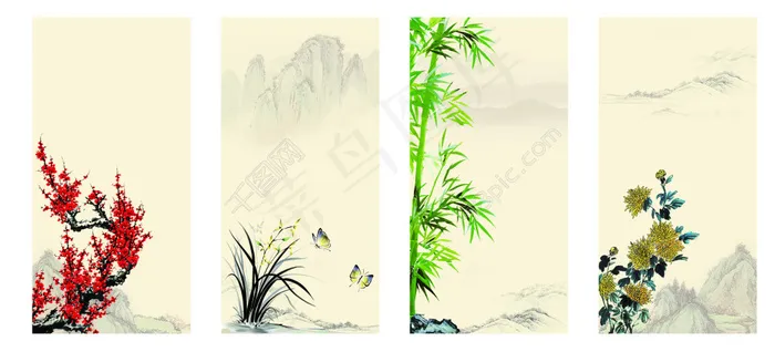 中国风梅兰竹菊展板背景(8268X4134(DPI:70))psd模版下载