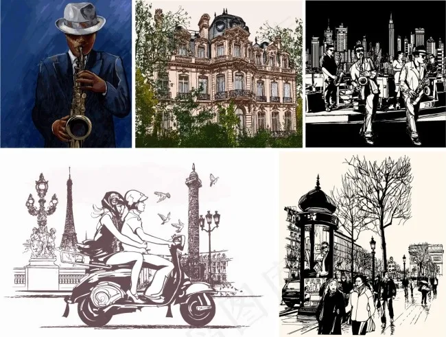 街景人物绘画ai矢量模版下载