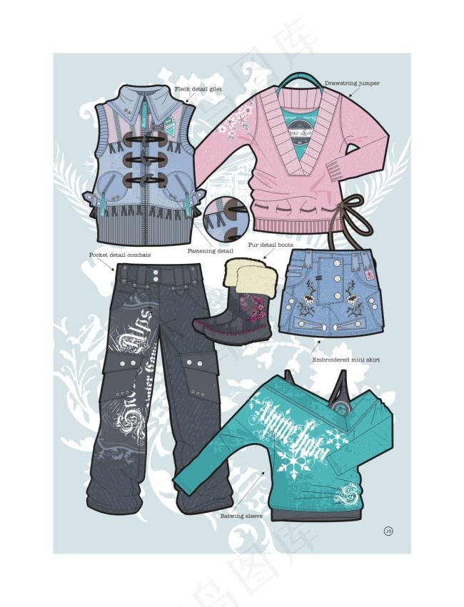 冬季雪山滑雪运动风格服装系列款式矢...cdr矢量模版下载