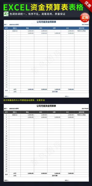 企业公司月度资金预算表格模板exc...