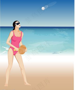 海滩打球的女孩图片