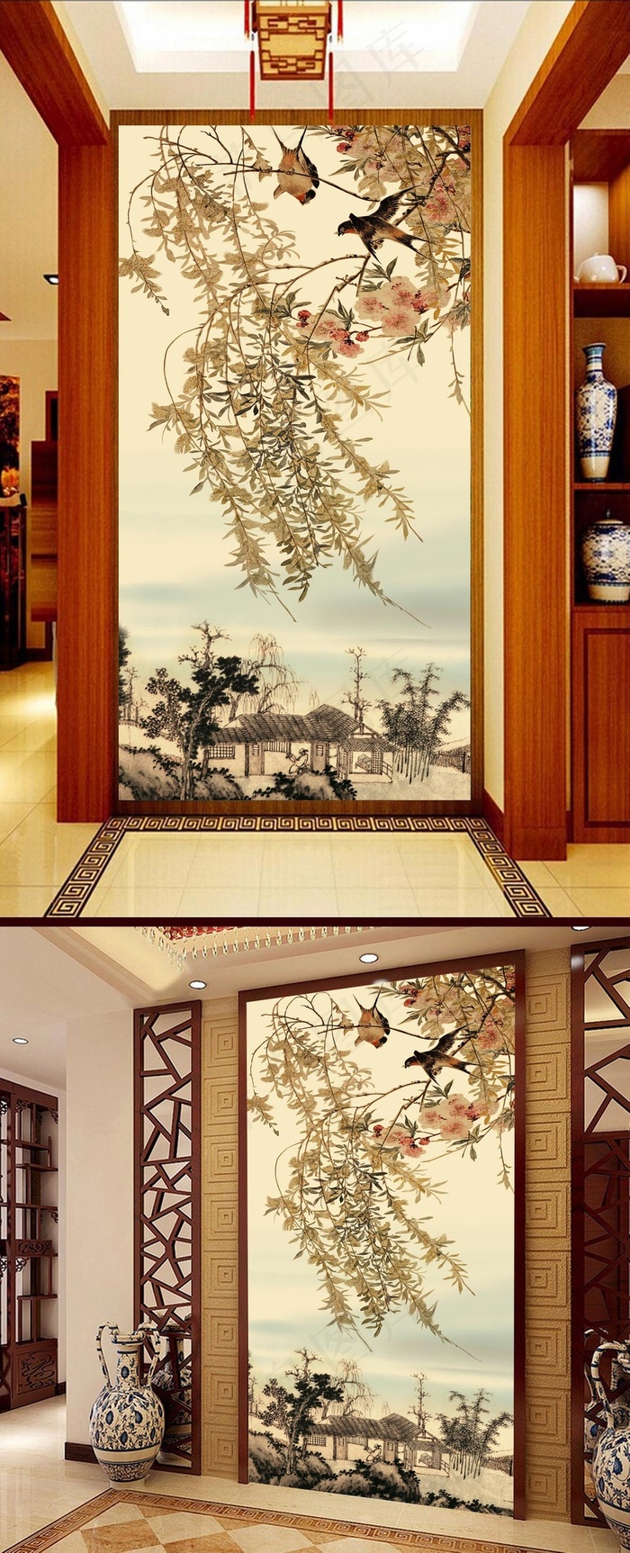 闹春图中式古典玄关过道背景墙