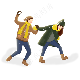 手绘情侣冬天玩雪打雪仗甜蜜插图,免抠元素