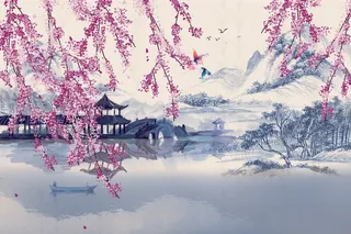 亭台楼阁新中式简约水墨山水电视沙发...