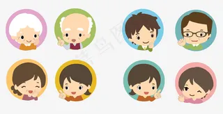 老人小孩妇女男人圆形Q版头像-矢量...