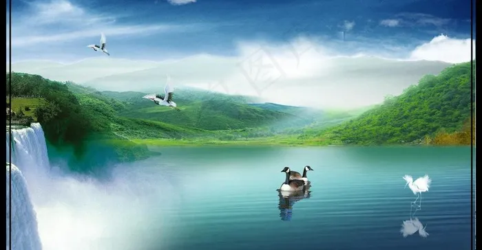 山水风景画 高山流水图片(3076X1772(DPI:300))psd模版下载