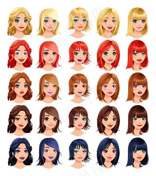 卡通人物女士时尚发型发色矢量图