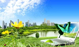 夏季创意电脑风景分层素材图片