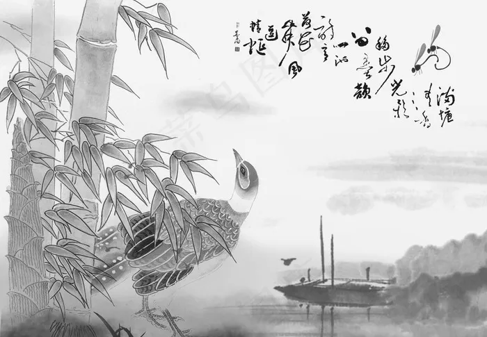 小桥竹叶流水图图片(4267X3200(DPI:300))psd模版下载