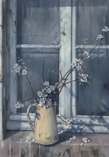 窗台上的花瓶静物图片