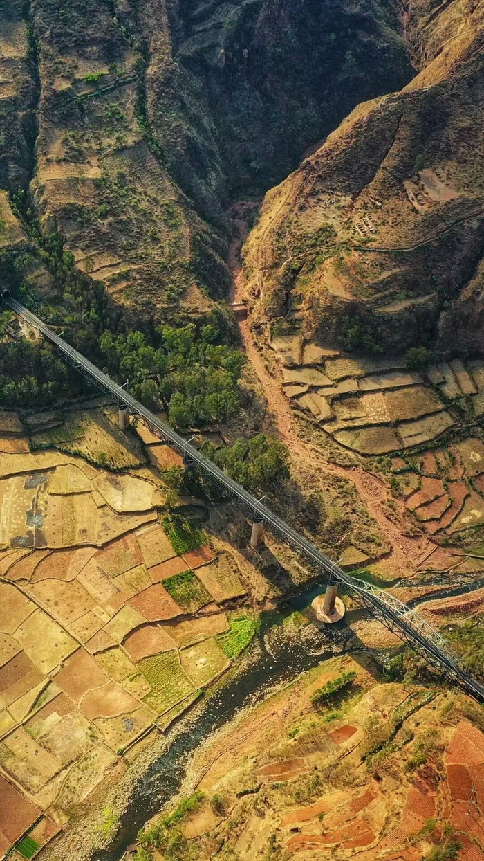 俯拍农田上的高架铁路高清摄影图片