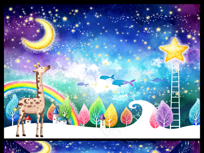 时尚唯美月亮星星儿童房间梦幻背景墙(9071X6414(DPI:72))psd模版下载