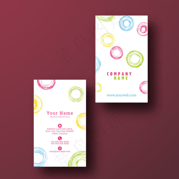 清新手绘彩色圆环竖版名片