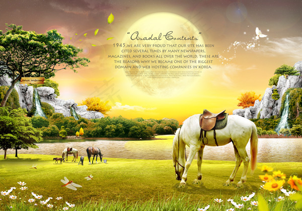 圆月与湖边的马