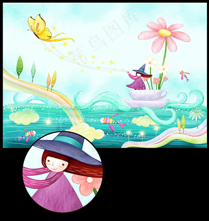 精美手绘蜡笔风格梦幻少女清新插画