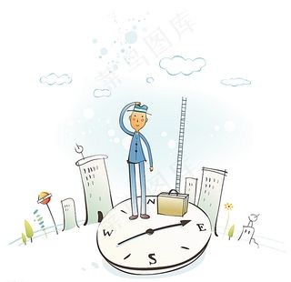 站在钟表上的矢量卡通手绘人物图片