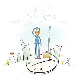 站在钟表上的矢量卡通手绘人物图片