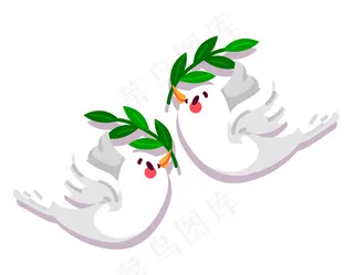 卡通白鸽绿叶元素
