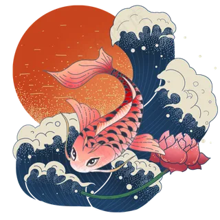 日本浮世绘海浪锦鲤,免抠元素