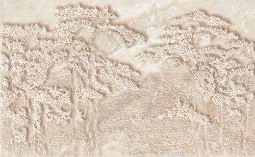 大理石迎客松山水电视背景墙