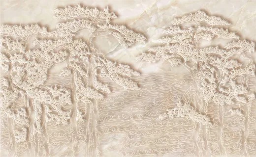 大理石迎客松山水电视背景墙