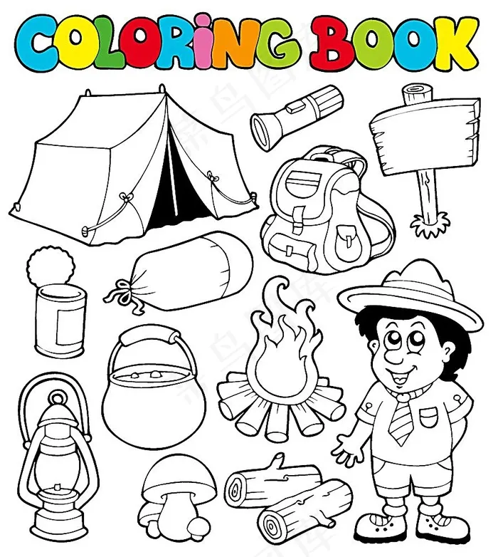 卡通男孩露营简笔画eps,ai矢量模版下载