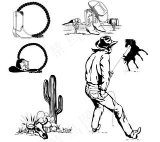 牧马人黑白矢量素材靴鞭牧马人