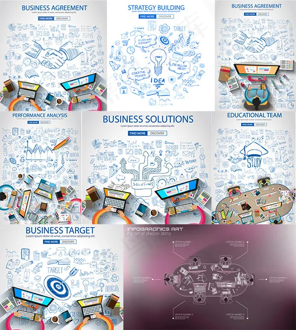 手绘商务元素与信息图表矢量素材eps,ai矢量模版下载