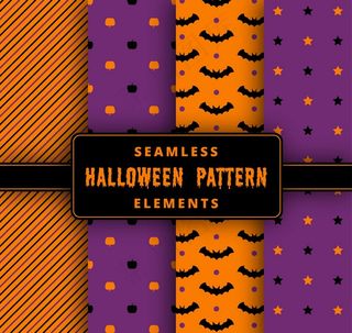 4款橙色和紫色万圣夜无缝背景矢量图