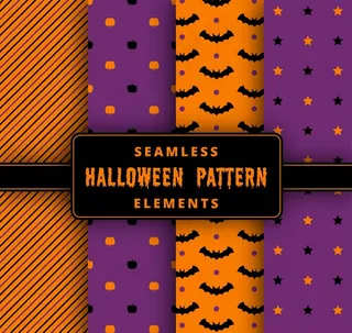 4款橙色和紫色万圣夜无缝背景矢量图