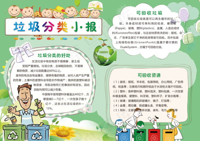 绿色清新垃圾分类小报手抄报psd模版下载