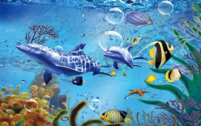 3D立体海底世界海豚电视背景墙装饰...(9071X5669(DPI:72))psd模版下载