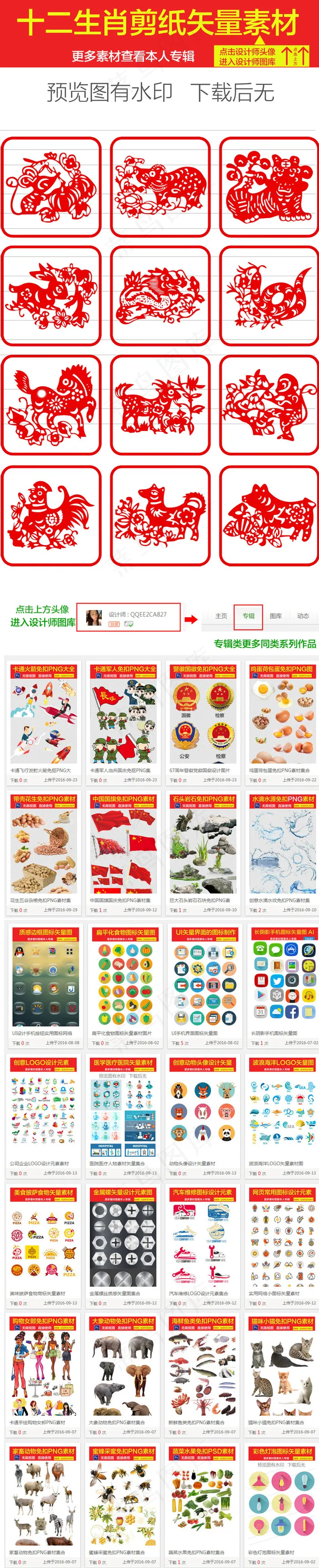 中国古典剪纸风格十二生肖矢量图