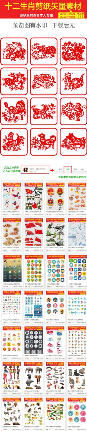 中国古典剪纸风格十二生肖矢量图