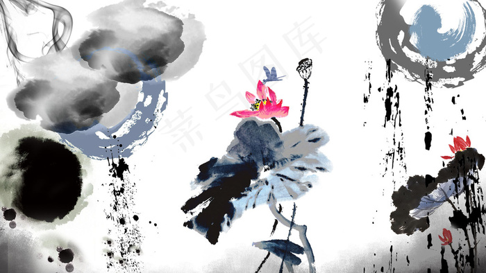 新中式水墨江南荷花山水背景墙