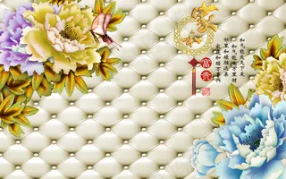 家和富贵3D拉扣软包彩雕牡丹花卉背...