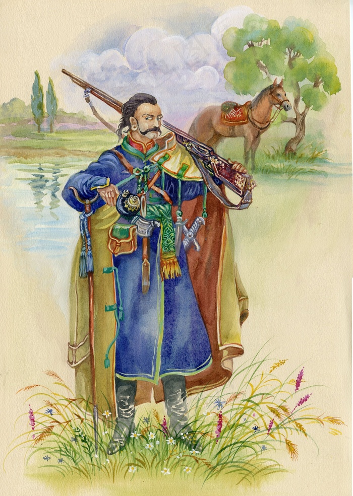 草地上扛着枪的欧洲古代男人插画图片