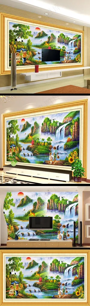 中国风山水画电视背景墙模板设计