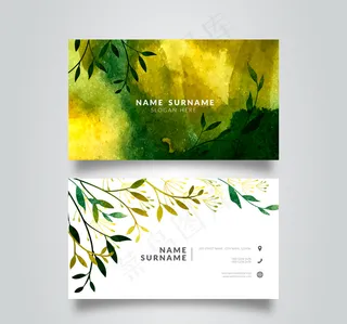 水彩绘绿色树叶商务名片矢量图