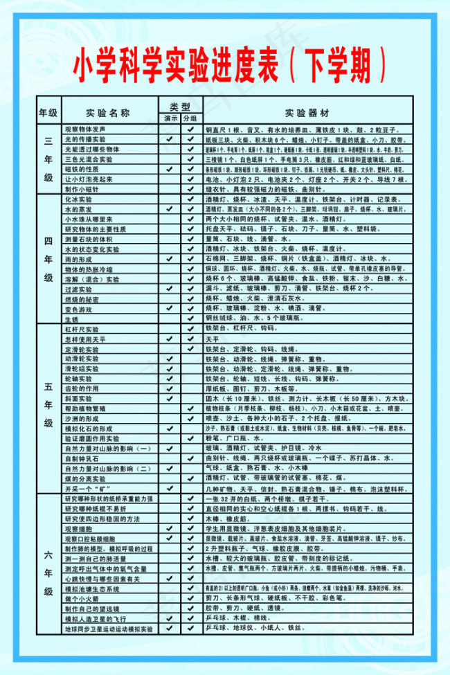 小学科学实验进度表下学期psd模版下载