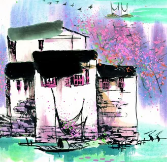 江南水乡 建筑房屋写生 水彩画