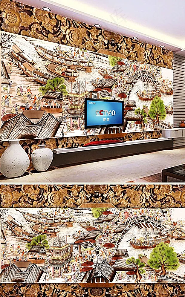 中国风山水画木雕背景墙图片(9071X5669(DPI:72))psd模版下载