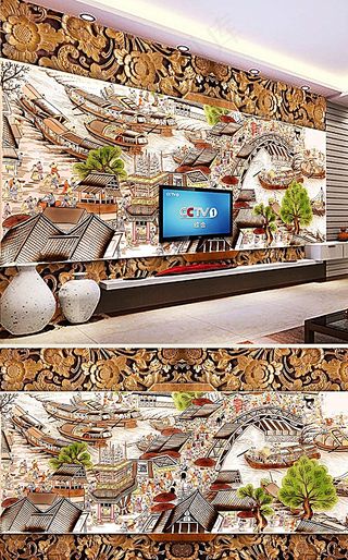 中国风山水画木雕背景墙图片