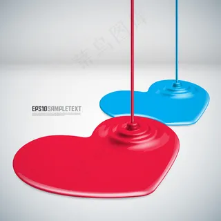 矢量油漆滴红色和蓝色的心