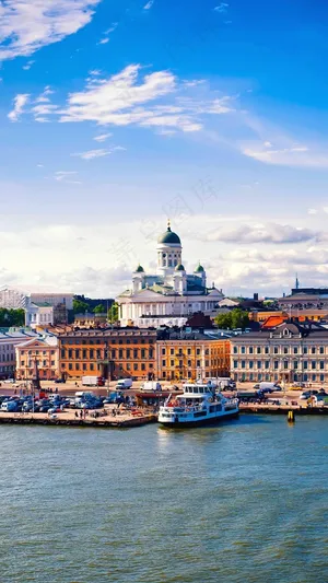 蓝天白云下的城镇风貌高清摄影图片