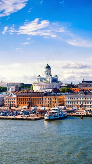 蓝天白云下的城镇风貌高清摄影图片