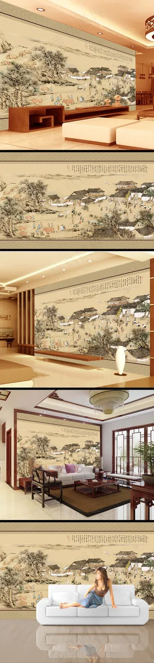 国画水墨画集市电视背景墙 国画水墨画集市电视背景墙