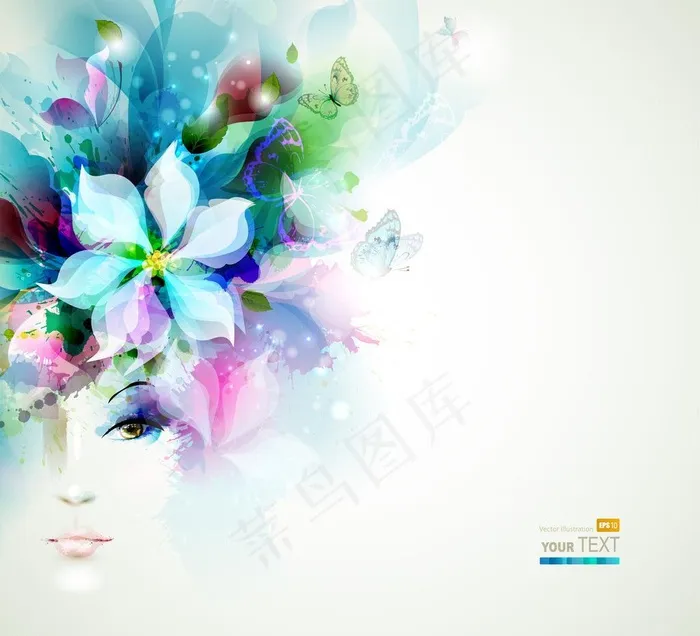 水墨梦幻花卉少女图片eps,ai矢量模版下载