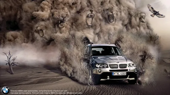 沙漠中与沙尘暴赛跑的宝马车海报